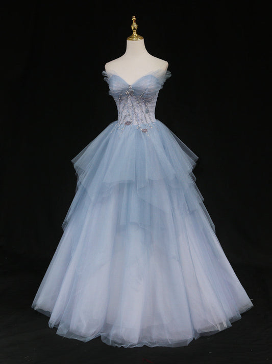 Blue A-Line Sweetheart Neck Tulle Long Prom Dress Blue Formal Dress