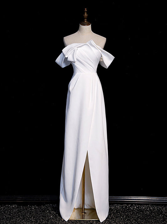 White Off-Shoulder Satin Long Prom Dress White Long Formal Dress