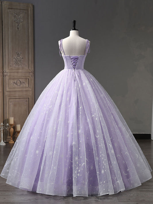 A-Line Tulle Purple Long Prom Dress Purple Formal Evening Dress