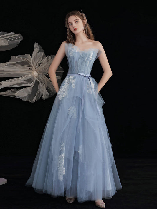 Blue Tulle Lace Long Prom Dress Blue Tulle Lace Evening Gown