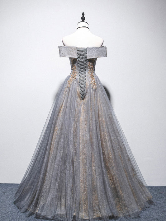 Gray Blue Tulle Off-Shoulder Lace Long Prom Dress Tulle Formal Gown