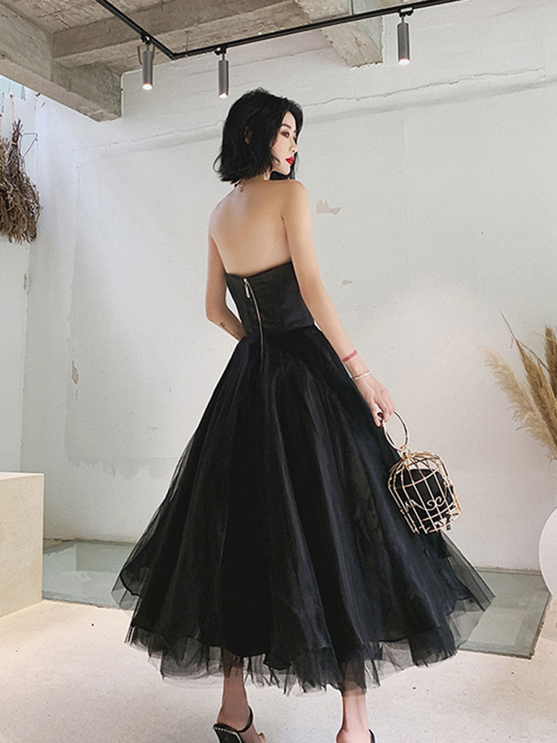 Simple Black Tea-Length Prom Dress Black Tulle Homecoming Dress