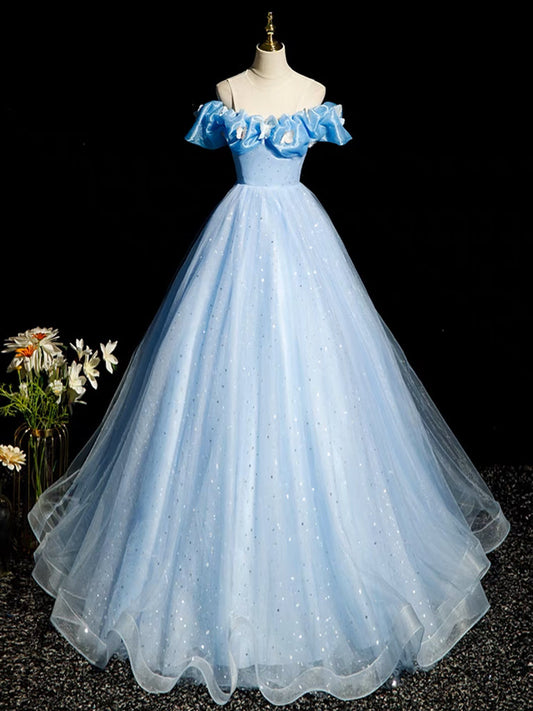 A-Line Off-Shoulder Tulle Blue Long Prom Dress Blue Long Formal Dress