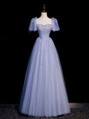 A-Line Blue Sweetheart Neck Tulle Long Prom Dress Blue Formal Evening Dress