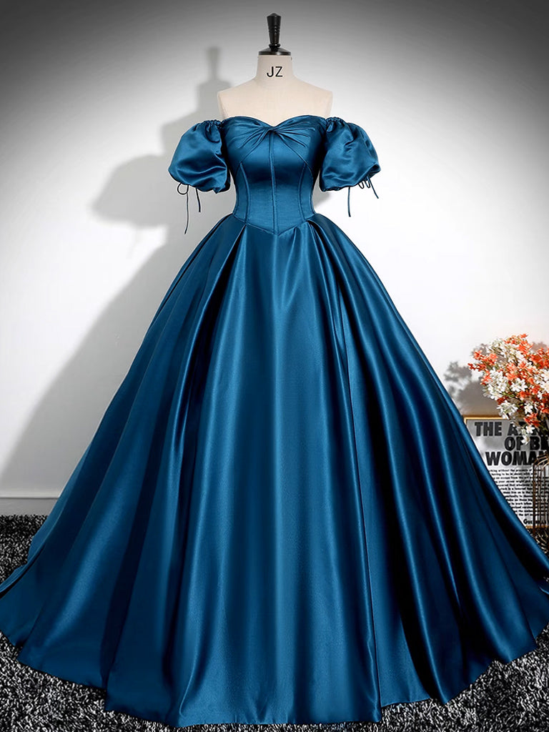 A-Line Puff Sleeves Satin Peacock Blue Long Prom Dress Peacock Blue Long Formal Dress