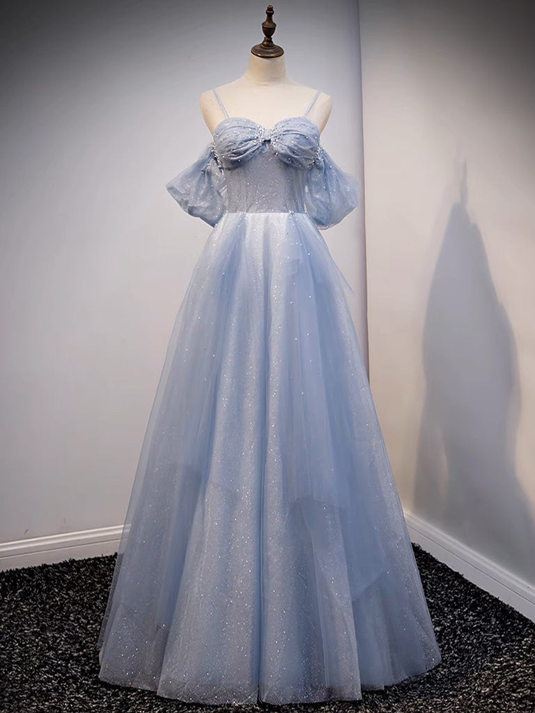 A-Line Off-Shoulder Tulle Gray Blue Long Prom Dress Gray Blue Long Formal Dress