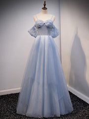 A-Line Off-Shoulder Tulle Gray Blue Long Prom Dress Gray Blue Long Formal Dress