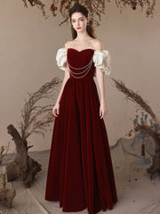 A-Line Sweetheart Neck Velvet Burgundy Long Prom Dress Burgundy Evening Dress