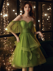 Green Off-Shoulder Tulle Short Prom Dress Green Homecoming Dress