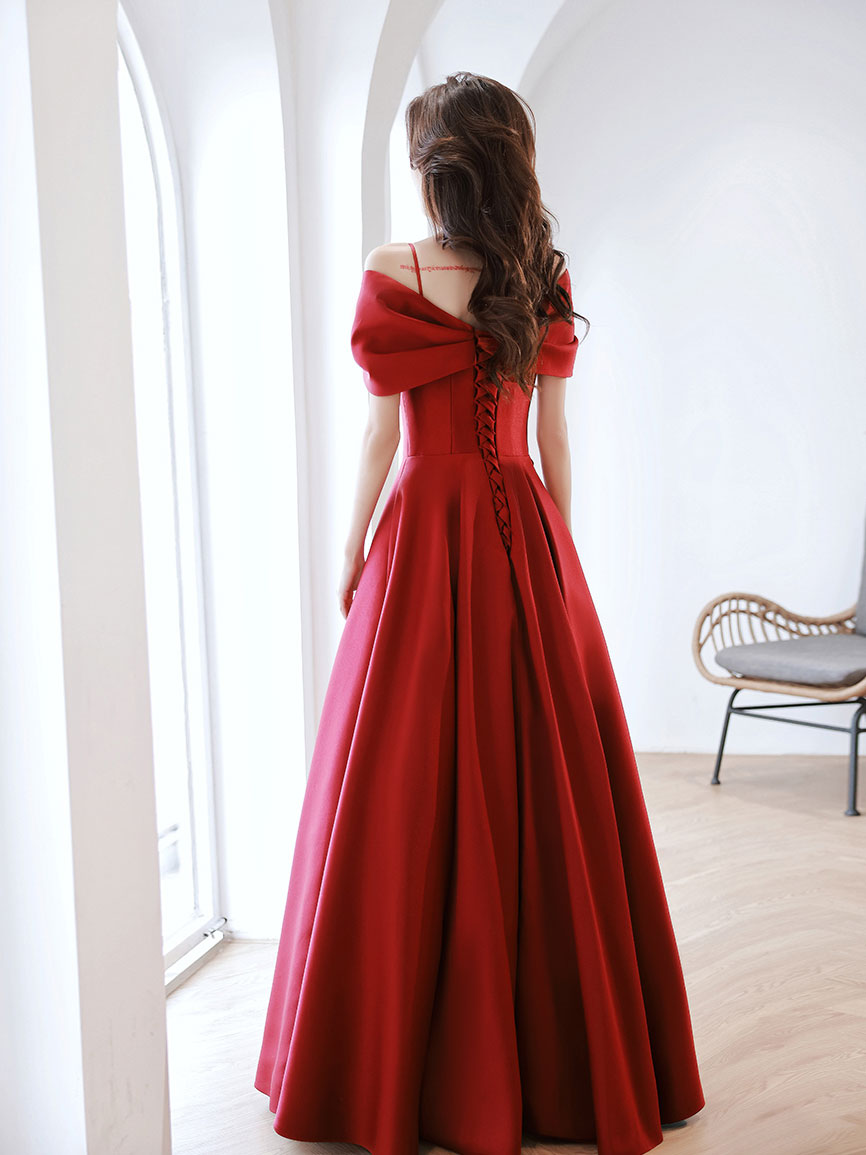 Burgundy Off-Shoulder Satin Long Prom Dress Burgundy Evening Dress