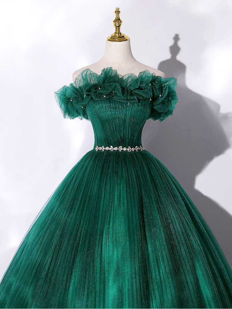 Green Tulle Off-Shoulder Long Prom Dress Green Tulle Sweet 16 Dress