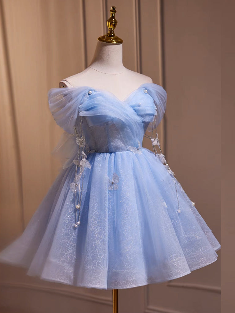 A-Line Off-Shoulder Tulle Short Blue Prom Dress Cute Blue Homecoming Dress