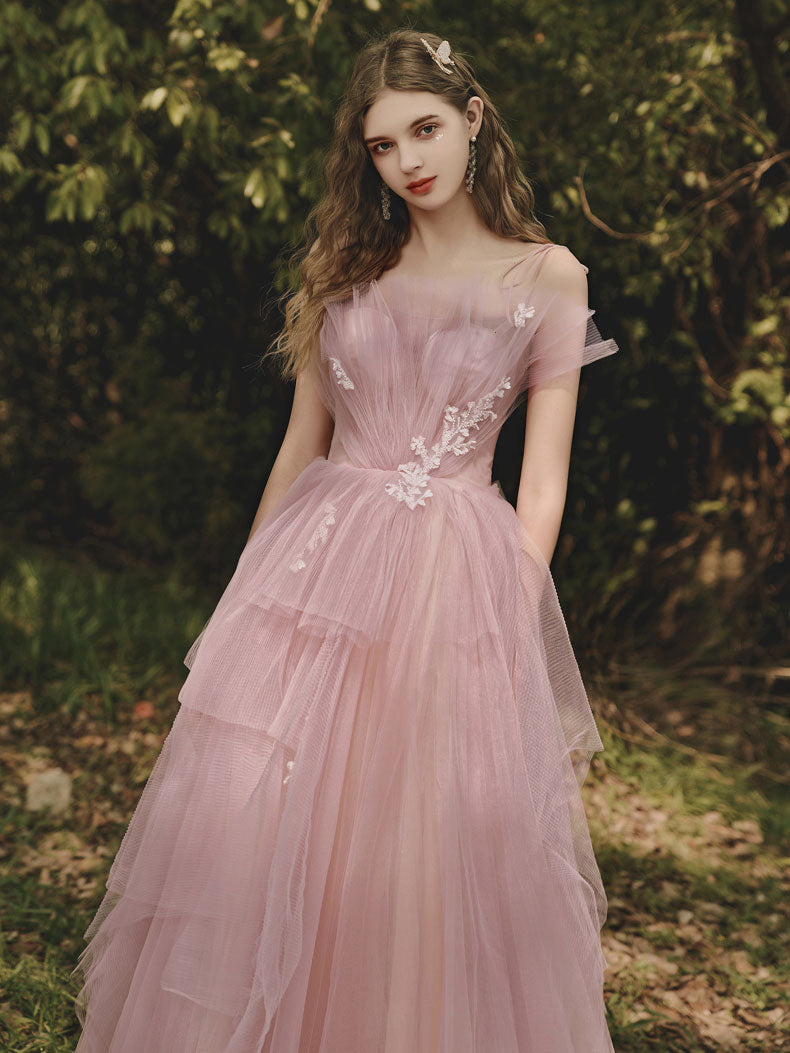 A-Line Tulle Pink Long Prom Dress Formal Pink Graduation Dress with Lace Beading