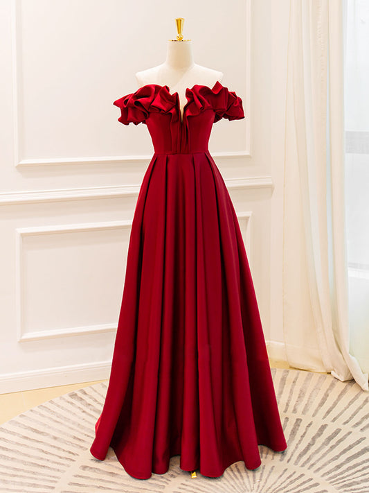 A-Line Off-Shoulder Satin Burgundy Long Prom Dress Burgundy Evening Gown