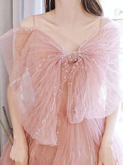 Pink A-Line Tulle Long Prom Dress Pink Formal Evening Dress