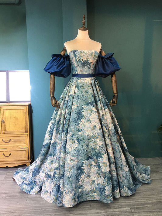 Unique A-Line Satin Long Prom Dress Blue Evening Dress