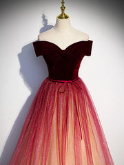 Burgundy A-Line Tulle Sequin Long Prom Dress Burgundy Formal Dress