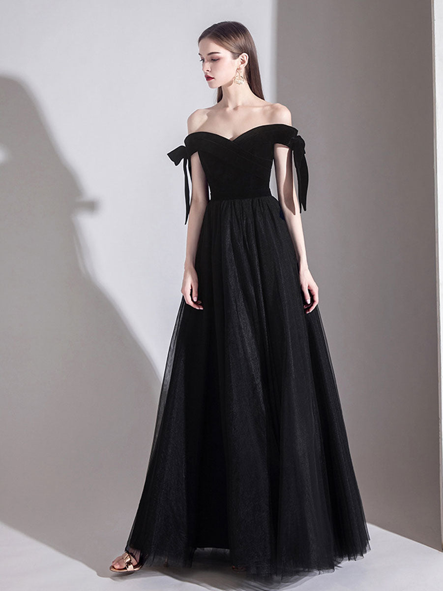 Simple Black Off-Shoulder Tulle Long Prom Dress Black Evening Dress