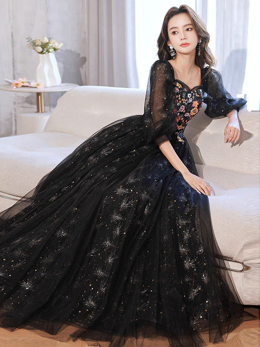 A-Line Long Sleeves Tulle Lace Black Long Prom Dress Black Lace Long Formal Dress