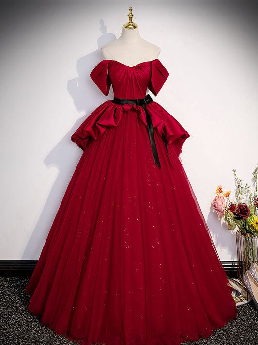 A-Line Satin Burgundy Long Prom Dress Burgundy Evening Dress