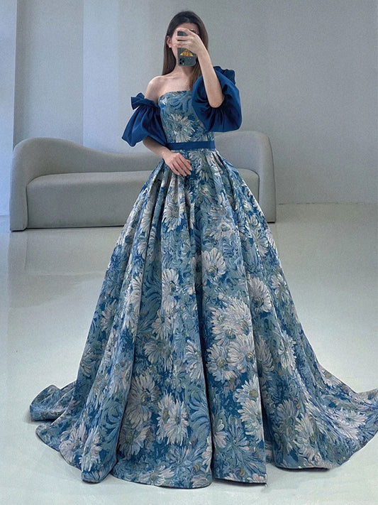 Unique A-Line Satin Long Prom Dress Blue Evening Dress