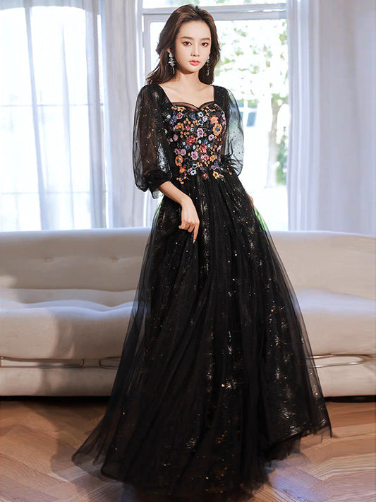 A-Line Long Sleeves Tulle Lace Black Long Prom Dress Black Lace Long Formal Dress