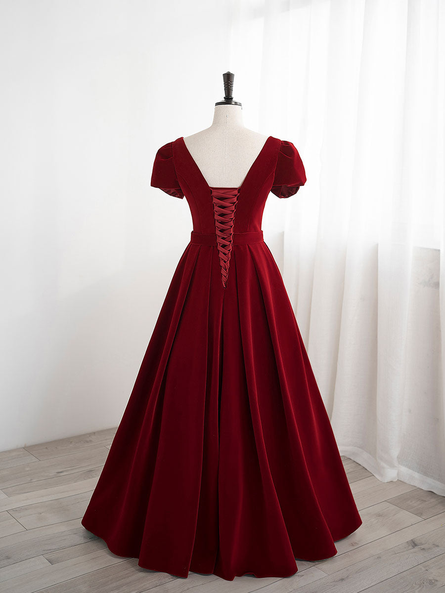 A-Line Velvet Burgundy Long Prom Dress Burgundy Bridesmaid Dress