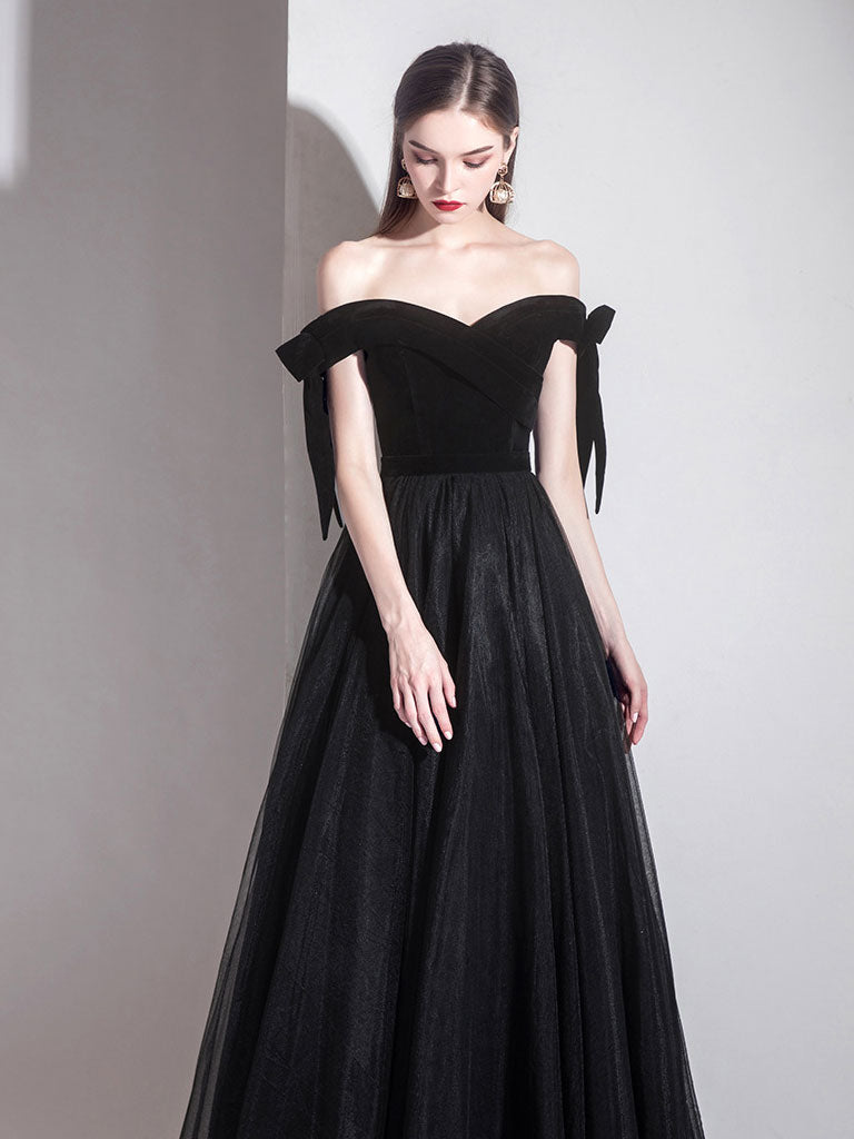 Simple Black Off-Shoulder Tulle Long Prom Dress Black Evening Dress