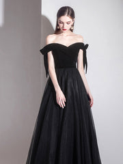 Simple Black Off-Shoulder Tulle Long Prom Dress Black Evening Dress