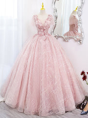 A-Line Tulle Lace Appliqu¨¦ Pink Long Prom Dress Pink Lace Sweet 16 Dress