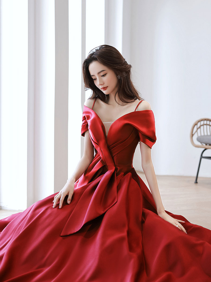 Burgundy Off-Shoulder Satin Long Prom Dress Burgundy Evening Dress