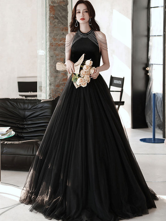 Black A-Line Tulle Beaded Long Prom Dress Black Evening Dress