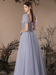 A-Line Sweetheart Neck Tulle Beaded Blue Long Prom Dress Blue Long Evening Dress