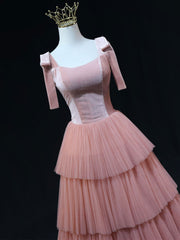 A-Line Pink Tulle Long Prom Dress Pink Formal Evening Dress