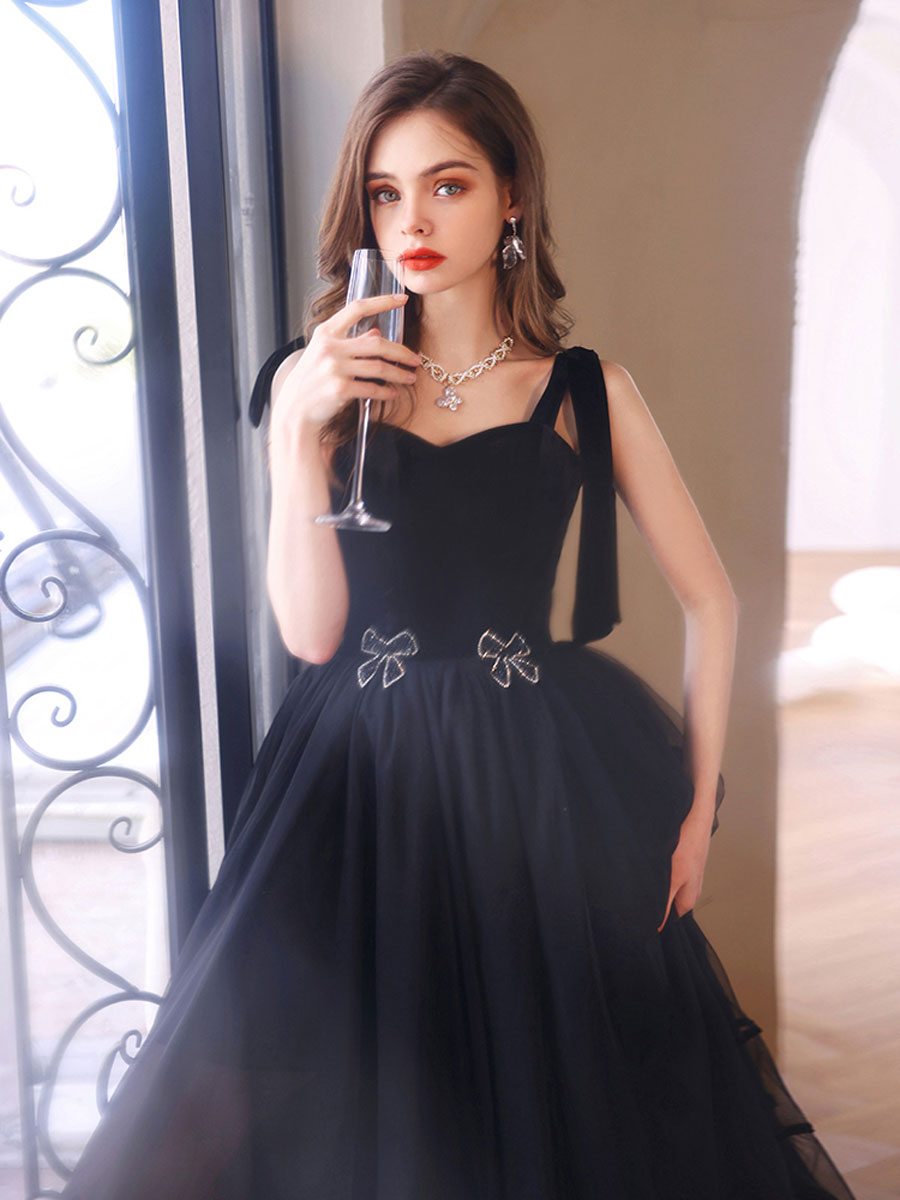 Black Sweetheart Neck Tulle Long Prom Dress Black Evening Dress