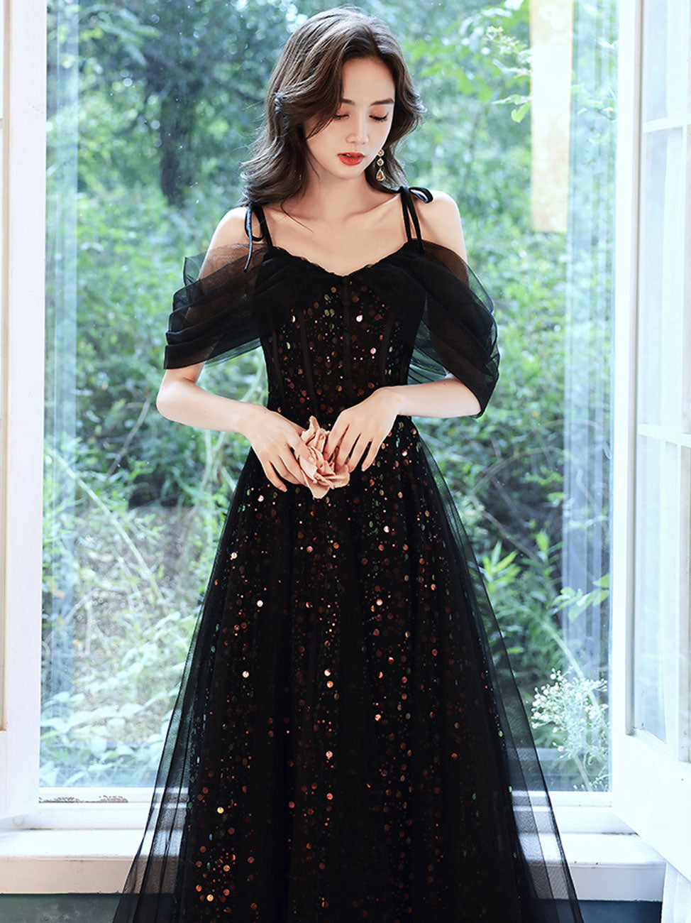 A-Line Black Long Prom Dress Off-Shoulder Tulle Long Evening Dress with Sequin Tulle