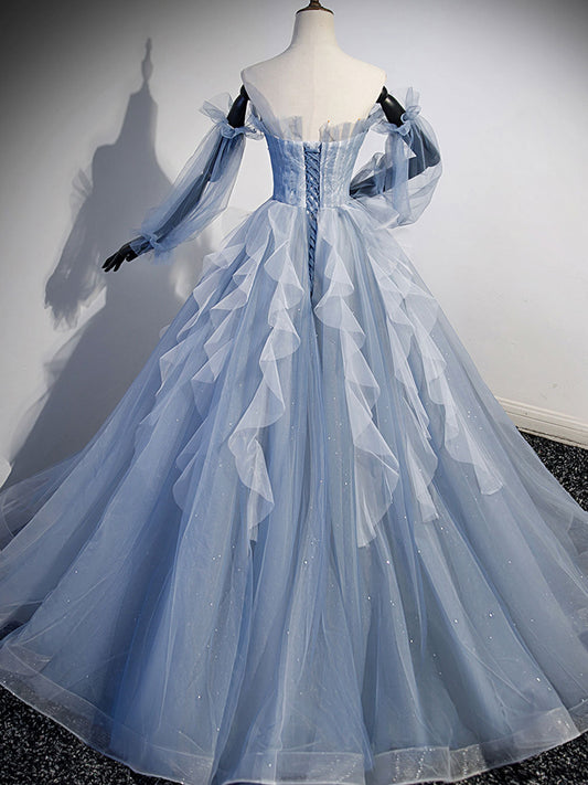 A-Line Tulle Gray Blue Long Prom Dress Gray Blue Formal Evening Dress