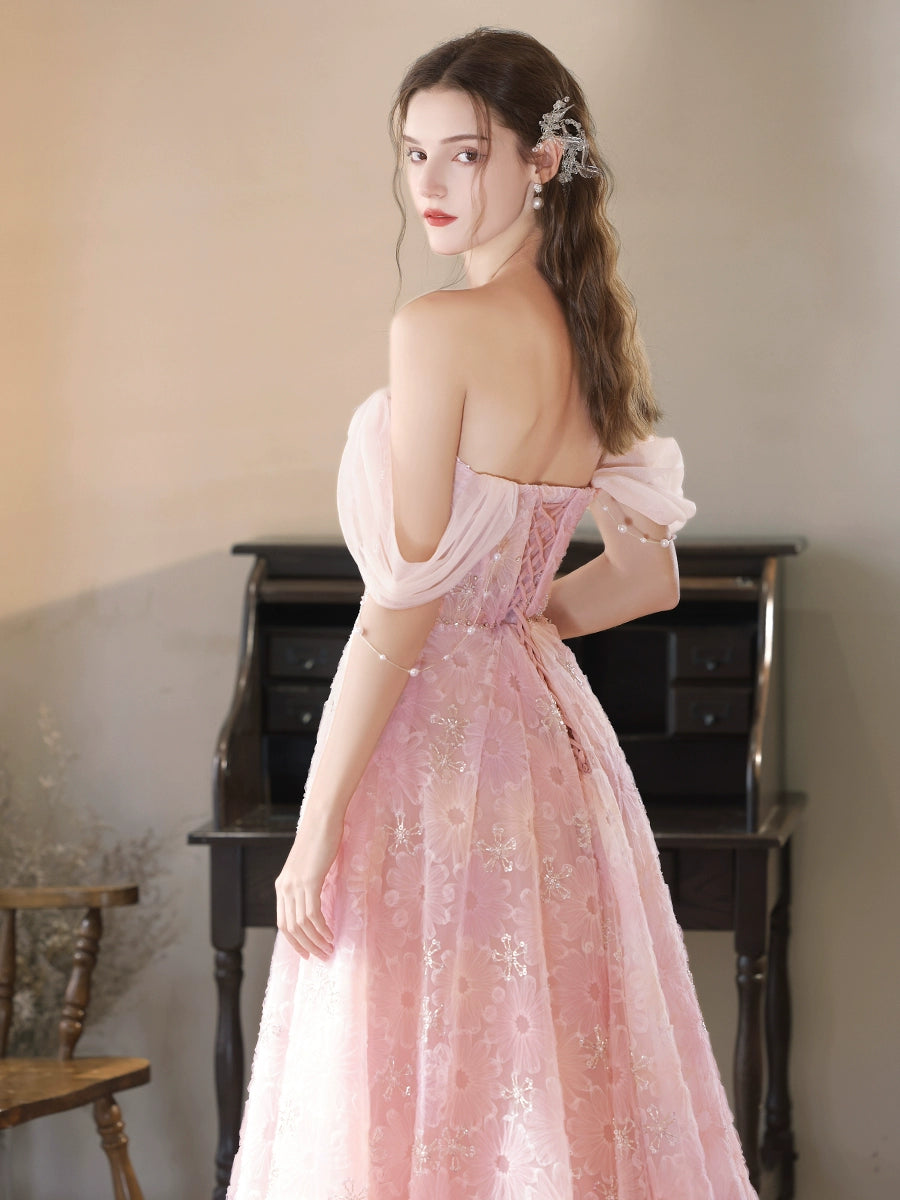 A-Line Tulle Lace Off-Shoulder Pink Long Prom Dress Pink Lace Long Graduation Dress