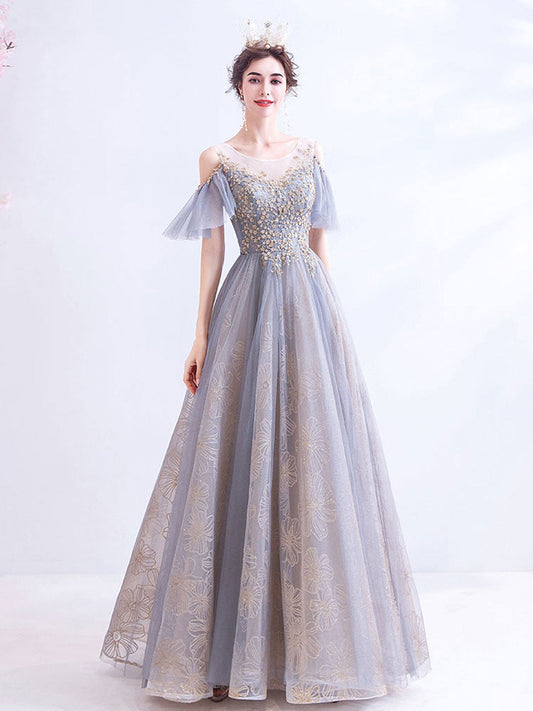 A-Line Scoop Neckline Gray Long Prom Dress Tulle Lace Evening Dress