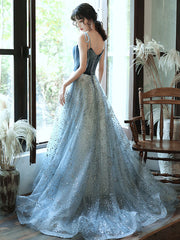 A-Line Tulle Sequin Long Prom Dress Blue Tulle Long Evening Dress