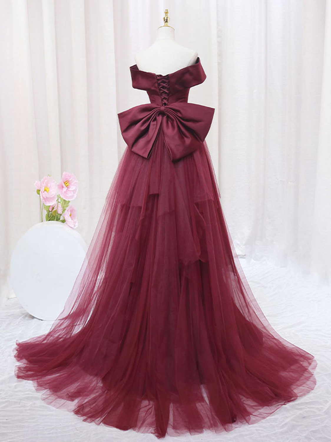 Burgundy Mermaid Tulle Long Prom Dress Burgundy Formal Evening Dress