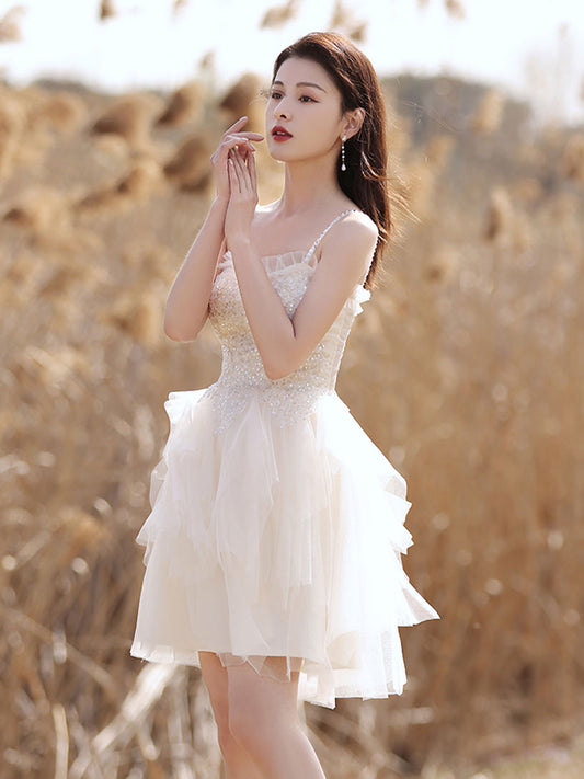 Beige Sweetheart Neck Tulle Lace Short Prom Dress Beige Cocktail Dress