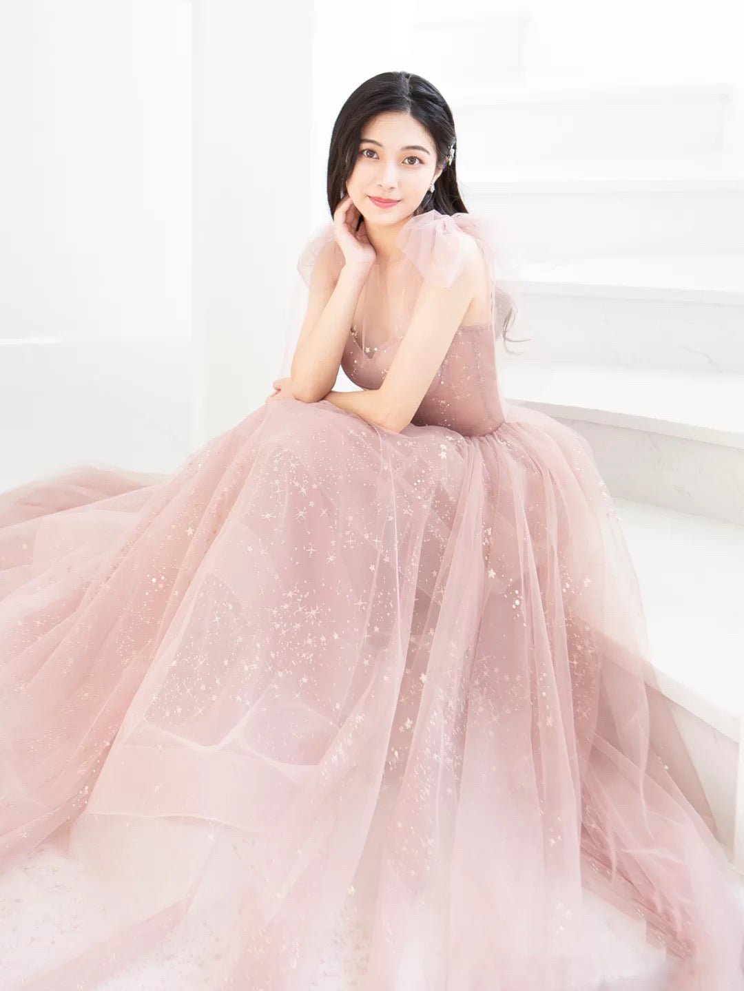 Pink A-Line Tulle Long Prom Dress Pink Tulle Formal Dress