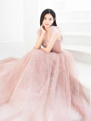 Pink A-Line Tulle Long Prom Dress Pink Tulle Formal Dress