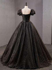 Black Square Neckline Tulle Long Prom Dress Shiny Black Evening Dress