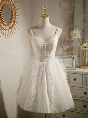 Ivory V-Neck Tulle Lace Short Prom Dress Ivory Lace Homecoming Dress