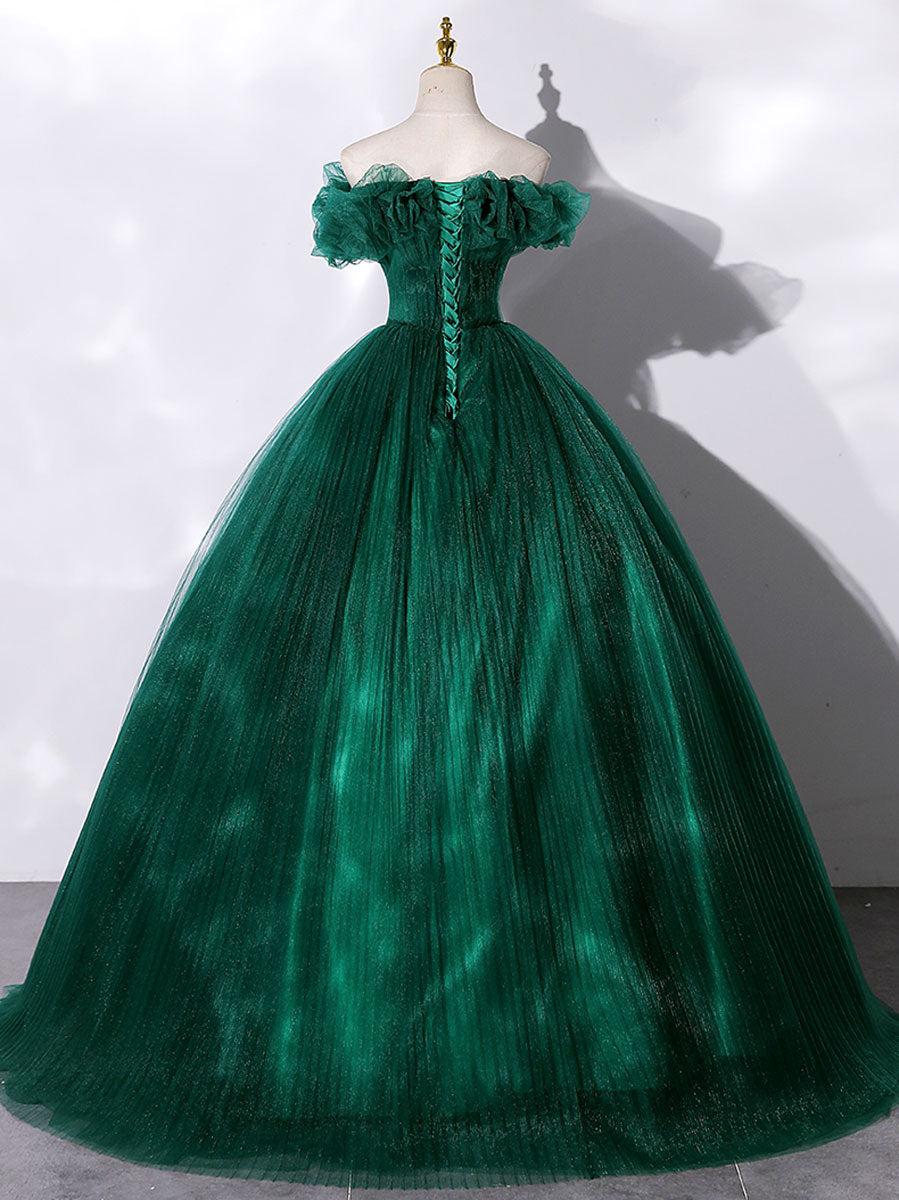 Green Tulle Off-Shoulder Long Prom Dress Green Tulle Sweet 16 Dress