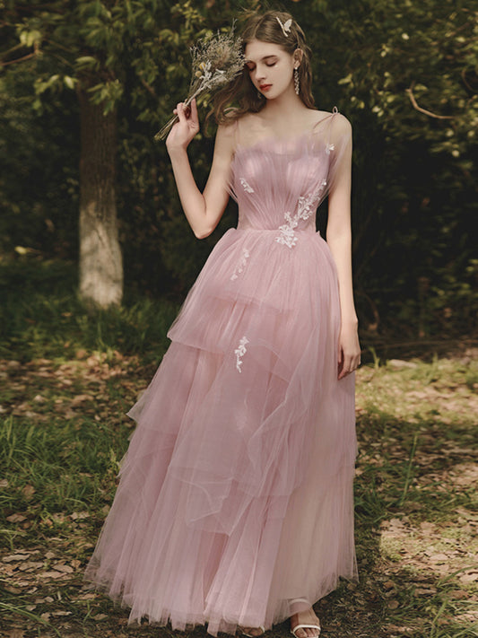 A-Line Tulle Pink Long Prom Dress Formal Pink Graduation Dress with Lace Beading