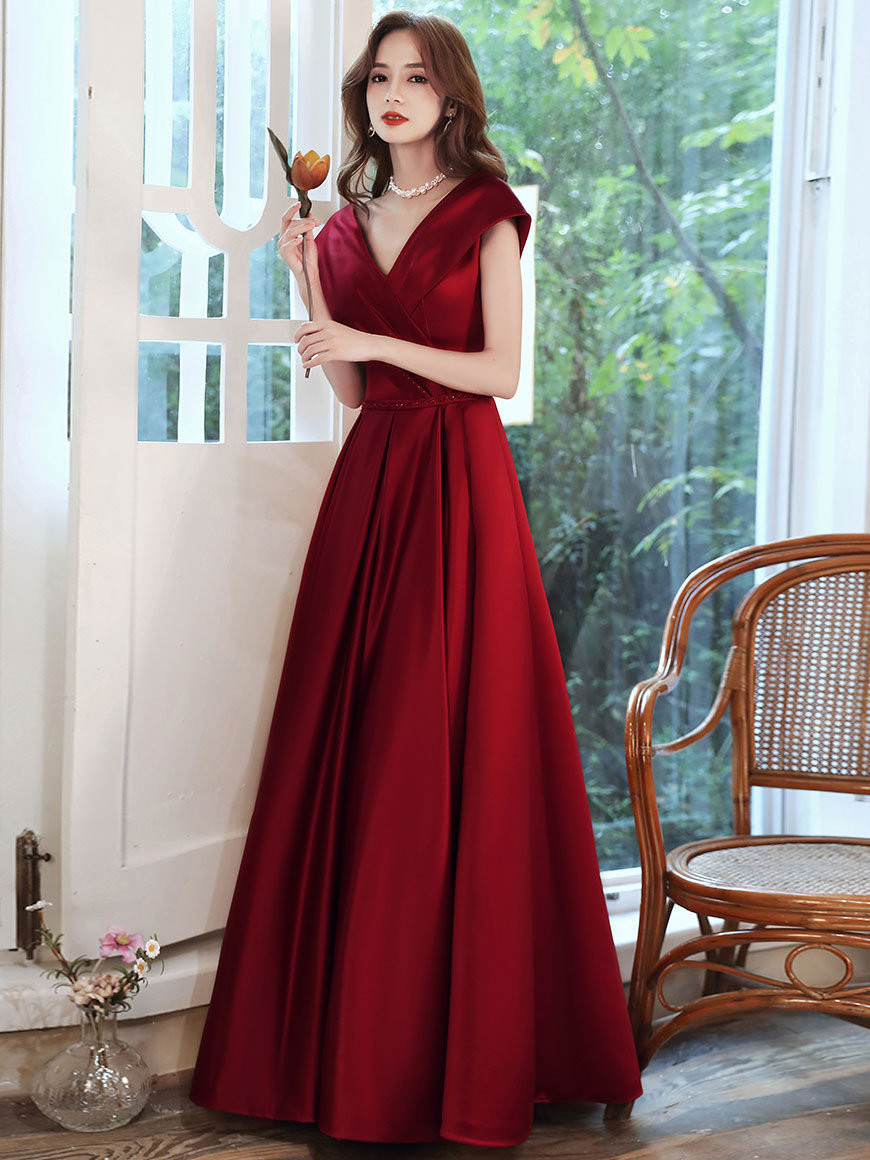 Burgundy V-Neck Satin Long Prom Dress Burgundy Evening Dress