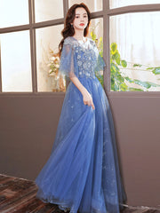 Blue A-Line Tulle Sequin Long Prom Dress Blue Formal Evening Dress